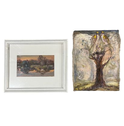Lot de 2 peintures : 

- Maisonnée au bord...