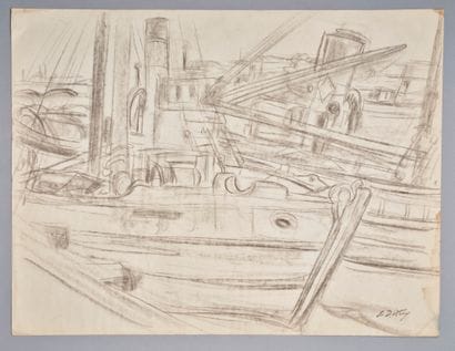 Léon DETROY (1859-1955) 
Proues de bateaux
Fusain...