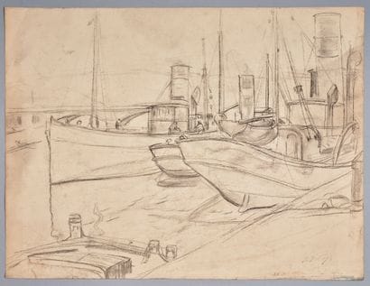 Léon DETROY (1859-1955) 
Bateaux à quai sur...