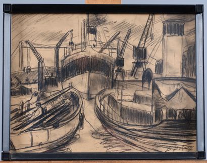 Léon DETROY (1859-1955)
Les bateaux 
Fusain...