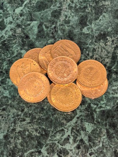 Lot de 10 pièces de 20 francs en or, Génie...