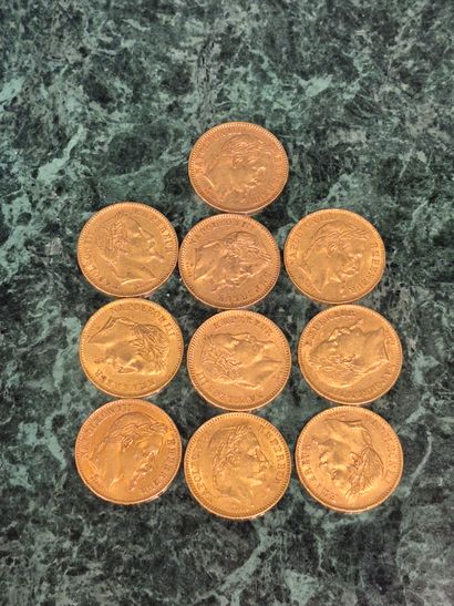 Lot de 10 pièces de 20 francs en or, Napoléon...