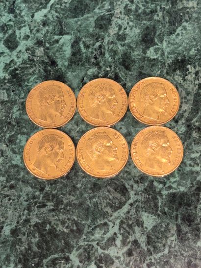 Lot de 6 pièces de 20 francs en or, Napoléon...