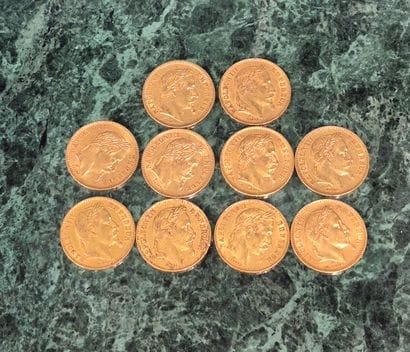 Lot de 10 pièces de 20 francs en or, Napoléon...