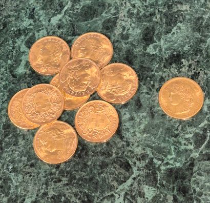 Lot de 10 pièces de 20 francs SUISSES en...