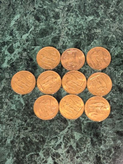 Lot de 10 pièces de 20 francs en or, Génie...
