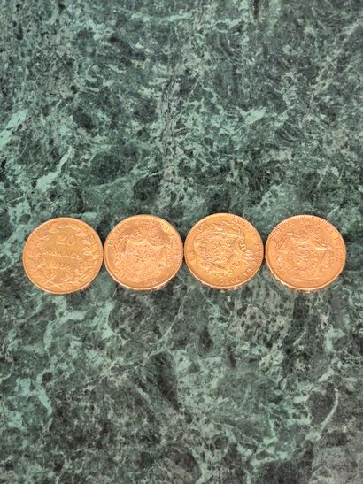Ensemble de quatre pièces de 20 francs belges...