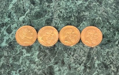 Ensemble de quatre pièces de 20 francs belges...