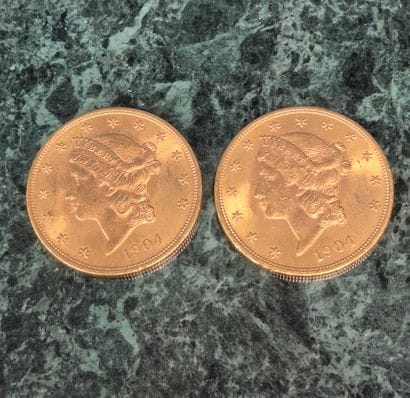 Lot de deux pièces de 20 dollars américains...
