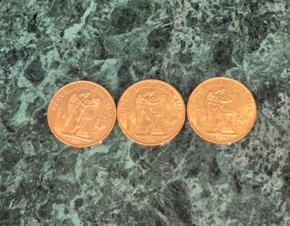 Lot de 3 pièces de 20 francs en or, Génie...