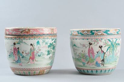 Pair of porcelain planters with polychrome...