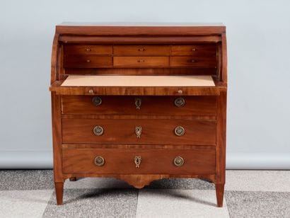 Mahogany veneered cylinder desk opening to...