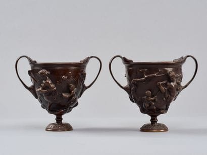 Pair of antique bronze vases with wide handles,...