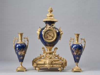 Gilded bronze and lapis blue enameled ceramic...