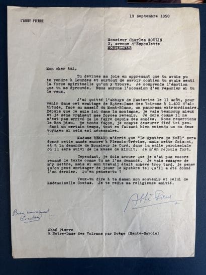 Abbé PIERRE.
Typed letter signed by himself,...