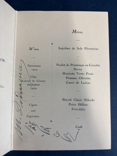 A menu from the Savoy Hotel in London autographed...