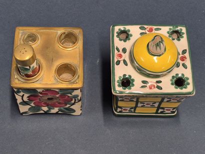 Two square inkwells in polychrome enameled...