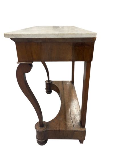 Console en bois et placage d'acajou, ouvrant...