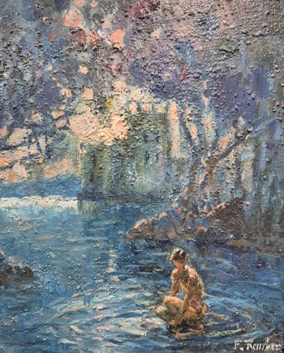 Ecole du XXe siècle
Jeune femme au bain 
Huile...