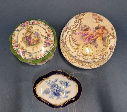 Set of three enameled porcelain covered boxes:...