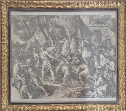 Set of three engravings framed under glass,...