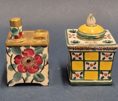 Two square inkwells in polychrome enameled...