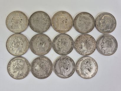 Suite de 14 pièces de 5 francs en argent...