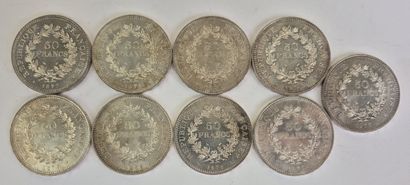 Suite de 9 pièces en argent de 50 francs
Poids...