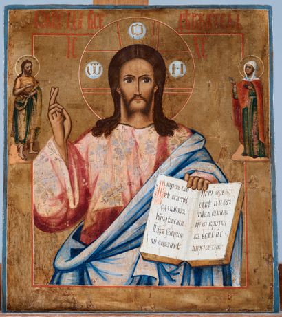 Icon of Christ Pantocrator, flanked by Saint...