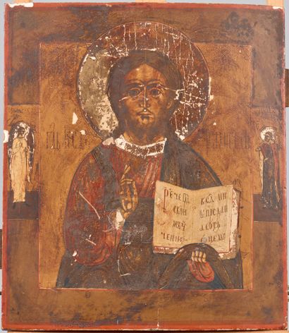 Icon of Christ Pantocrator, flanked by two...