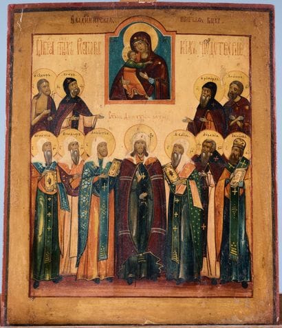Icon depicting an assembly of 10 saints surrounding...