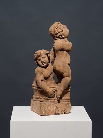 Fragmentary carved wooden group depicting...