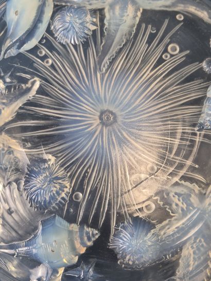 Grand plat creux en verre opalescent moulé...