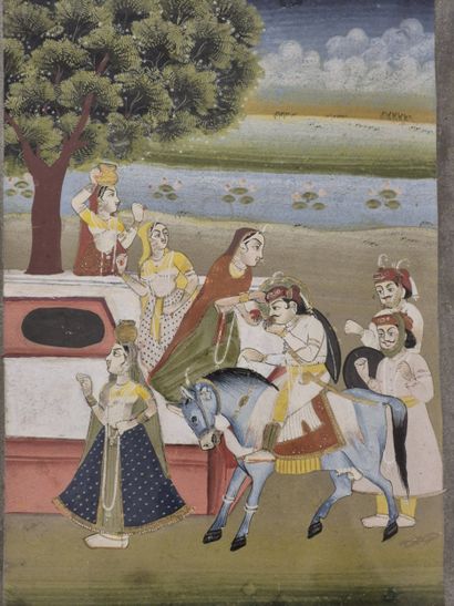 INDE 
Scène religieuse à l'âne 
Gouache sur...