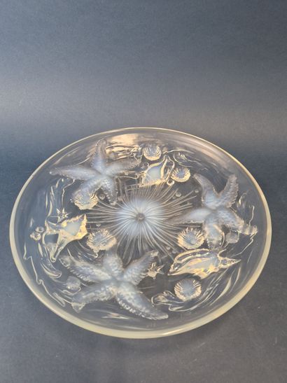 Grand plat creux en verre opalescent moulé...