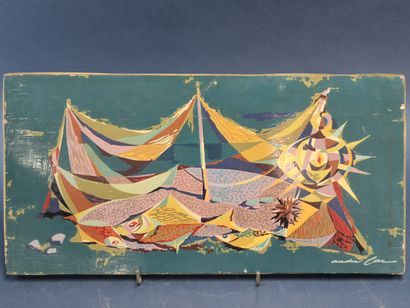 Ecole du XXe siècle 
Poissons et filets 
Acrylique...