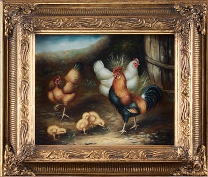 Ecole du XXeme siècle 
Coq, poules et poussins
Huile...