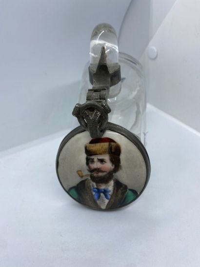 Moulded glass beer mug with pewter lid, decorated...