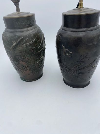 CHINA A pair of bronze vases with brown patina
decorated...