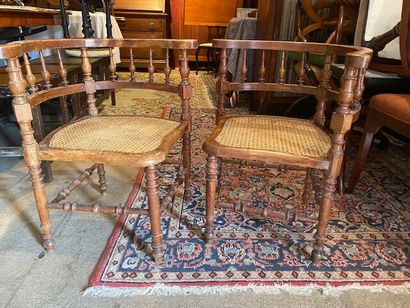 Two corner armchairs in wood and wickerw...