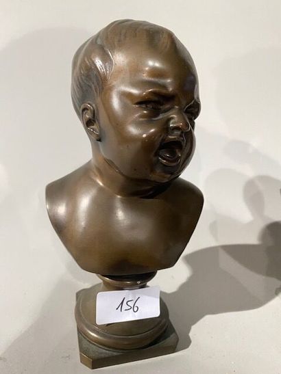Pair of busts of grimacing children in bronze...