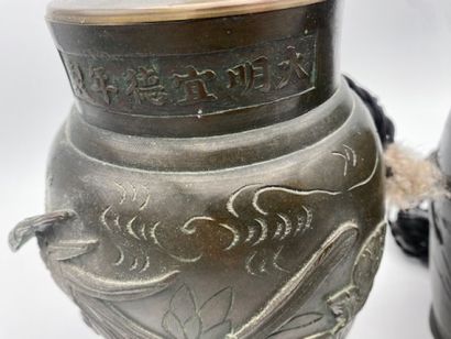 CHINA A pair of bronze vases with brown patina
decorated...