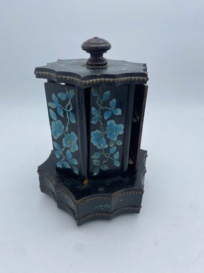 A small blackened wood cigar cabinet in blue...