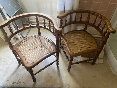 Two corner armchairs in wood and wickerw...