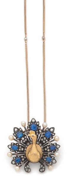 Peacock-shaped pendant, the body in yellow...