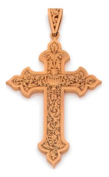 Pendant cross in pink gold pierced with foliage...