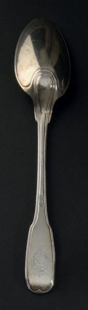 Silver stew spoon, net model, the spoon lined...