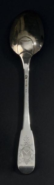 Silver stew spoon, uni-flat model, engraved...