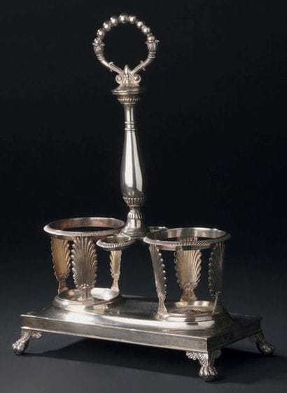 Silver oil-tree, and two cut crystal bottles;...