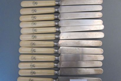 Twelve dessert knives, ivory handles, engraved...
